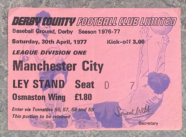 1976/77 ORIGINAL DIVISION ONE TICKET DERBY COUNTY V MANCHESTER CITY