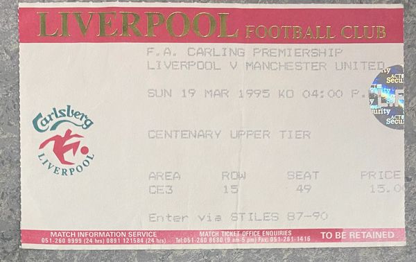 1994/95 ORIGINAL FA PREMIERSHIP TICKET LIVERPOOL V MANCHESTER UNITED