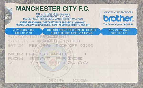 1995/96 ORIGINAL FA PREMIERSHIP TICKET MANCHESTER CITY V NEWCASTLE UNITED (VISITORS ALLOCATION)