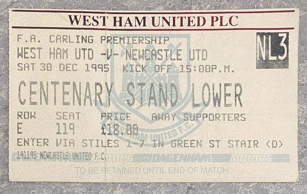 1995/96 ORIGINAL FA PREMIERSHIP TICKET WEST HAM UNITED V NEWCASTLE UNITED (VISITORS ALLOCATION)