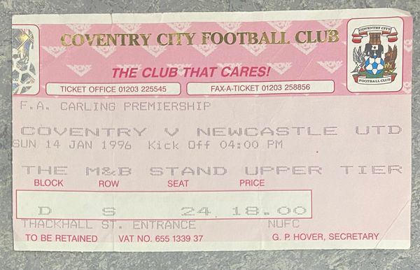 1995/96 ORIGINAL FA PREMIERSHIP TICKET COVENTRY CITY V NEWCASTLE UNITED (VISITORS ALLOCATION)