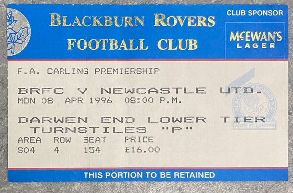 1995/96 ORIGINAL FA PREMIERSHIP TICKET BLACKBURN ROVERS V NEWCASTLE UNITED (VISITORS ALLOCATION)