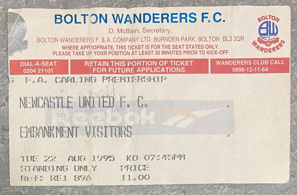 1995/96 ORIGINAL FA PREMIERSHIP TICKET BOLTON WANDERERS V NEWCASTLE UNITED (VISITORS ALLOCATION)