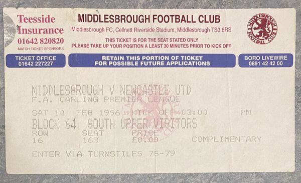 1995/96 ORIGINAL FA PREMIERSHIP TICKET MIDDLESBROUGH V NEWCASTLE UNITED (VISITORS ALLOCATION)