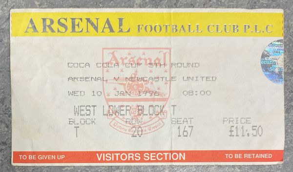 1995/96 ORIGINAL COCA COLA LEAGUE CUP 5TH ROUND TICKET ARSENAL V NEWCASTLE UNITED (VISITORS ALLOCATION)