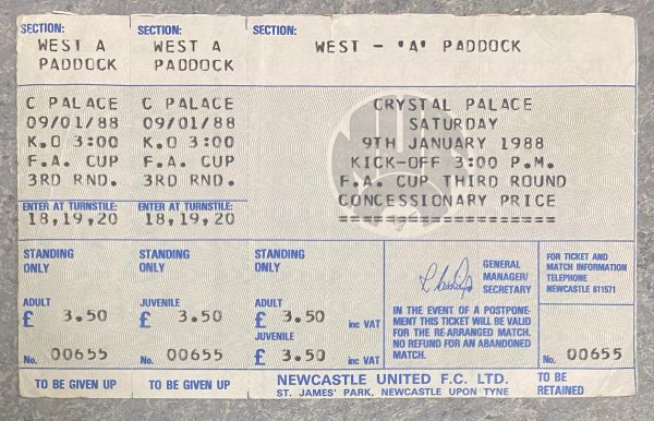 1987/88 ORIGINAL UNUSED FA CUP 3RD ROUND TICKET NEWCASTLE UNITED V CRYSTAL PALACE