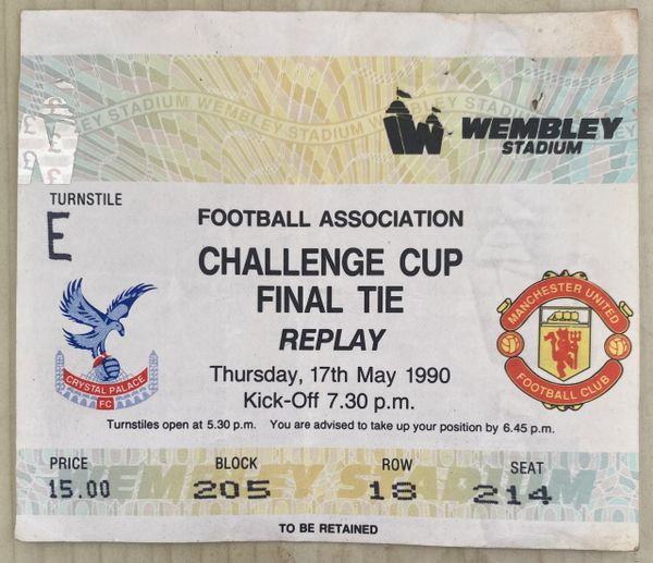 1990 ORIGINAL FA CUP FINAL REPLAY TICKET MANCHESTER UNITED V CRYSTAL PALACE F 245 2 94