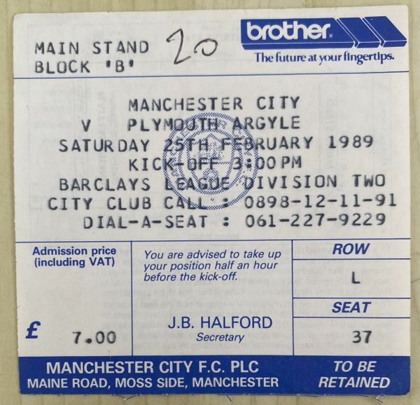 1988/89 ORIGINAL DIVISION TWO TICKET MANCHESTER CITY V PLYMOUTH ARGYLE