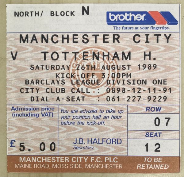 1989/90 ORIGINAL DIVISION ONE TICKET MANCHESTER CITY V TOTTENHAM HOTSPUR