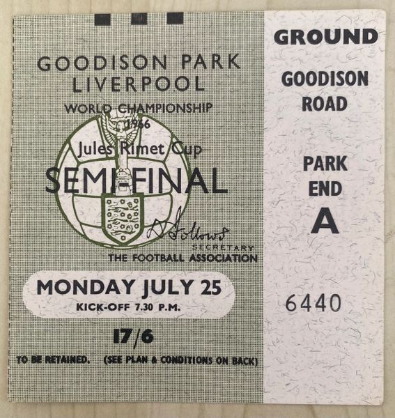 1966 ORIGINAL WORLD CUP SEMI FINAL TICKET WEST GERMANY V USSR @ GOODISON PARK