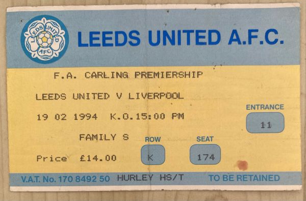 1993/94 ORIGINAL CARLING PREMIERSHIP TICKET LEEDS UNITED V LIVERPOOL