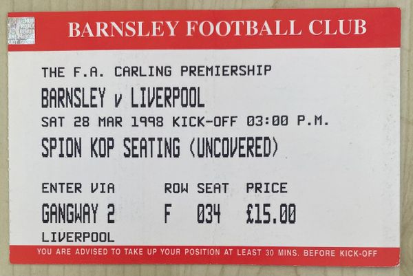 1997/98 ORIGINAL DIVISION ONE TICKET BARNSLEY V LIVERPOOL (VISITORS END)