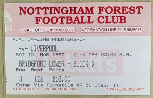 1996/97 ORIGINAL DIVISION ONE TICKET NOTTINGHAM FOREST V LIVERPOOL (VISITORS END)