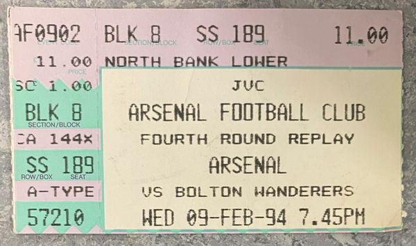 1993/94 ORIGINAL FA CUP 4TH ROUND REPLAY TICKET ARSENAL V BOLTON WANDERERS