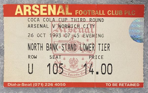 1993/94 ORIGINAL COCA COLA CUP 3RD ROUND TICKET ARSENAL V NORWICH CITY