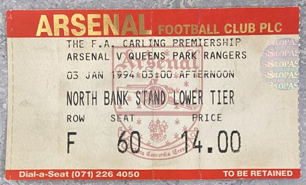 1993/94 ORIGINAL FA PREMIERSHIP TICKET ARSENAL V QUEENS PARK RANGERS