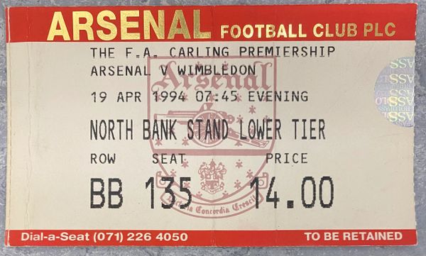 1993/94 ORIGINAL FA PREMIERSHIP TICKET ARSENAL V WIMBLEDON