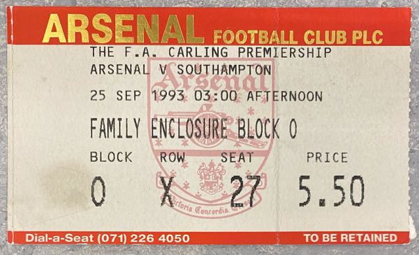 1993/94 ORIGINAL FA PREMIERSHIP TICKET ARSENAL V SOUTHAMPTON