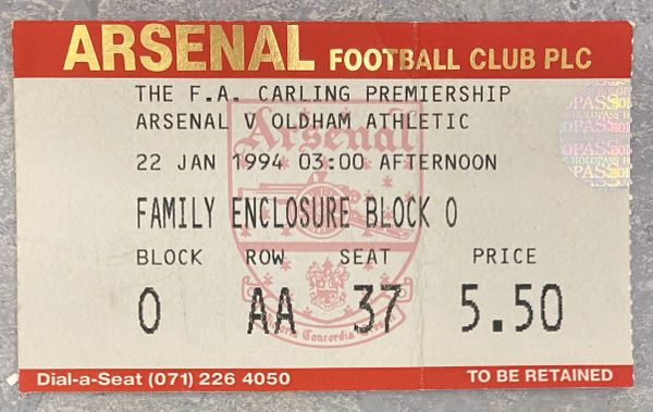 1993/94 ORIGINAL FA PREMIERSHIP TICKET ARSENAL V OLDHAM ATHLETIC