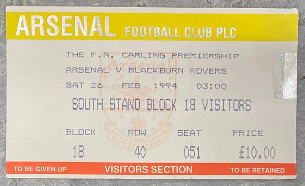 1993/94 ORIGINAL FA PREMIERSHIP TICKET ARSENAL V BLACKBURN ROVERS (VISITORS ALLOCATION)