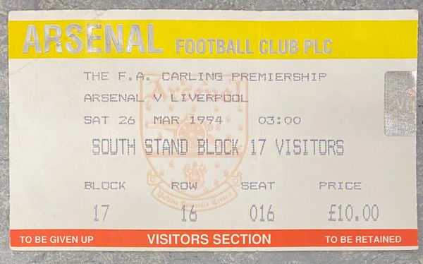 1993/94 ORIGINAL FA PREMIERSHIP TICKET ARSENAL V LIVERPOOL (VISITORS ALLOCATION)