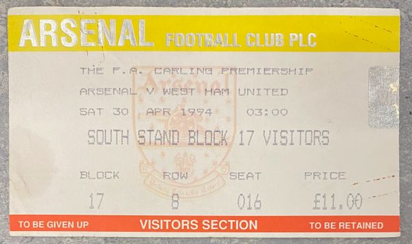 1993/94 ORIGINAL FA PREMIERSHIP TICKET ARSENAL V WEST HAM UNITED (VISITORS ALLOCATION)