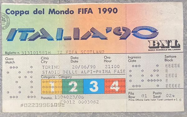 1990 ORIGINAL WORLD CUP TICKET BRAZIL V SCOTLAND @TURIN