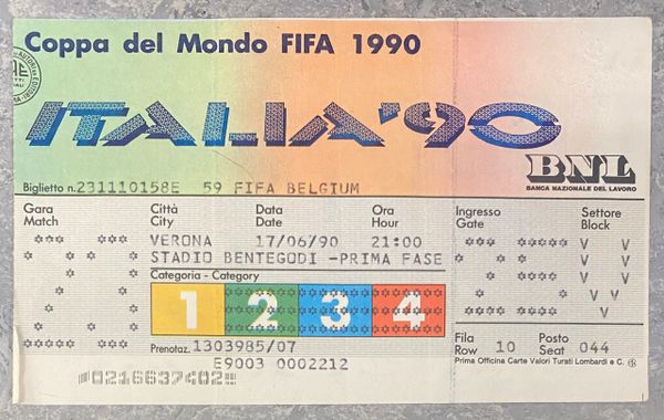 1990 ORIGINAL WORLD CUP TICKET BELGIUM V URUGUAY @VERONA