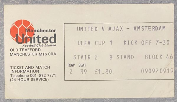 1976/77 ORIGINAL UEFA CUP 1ST ROUND 2ND LEG TICKET MANCHESTER UNITED V AJAX AMSTERDAM