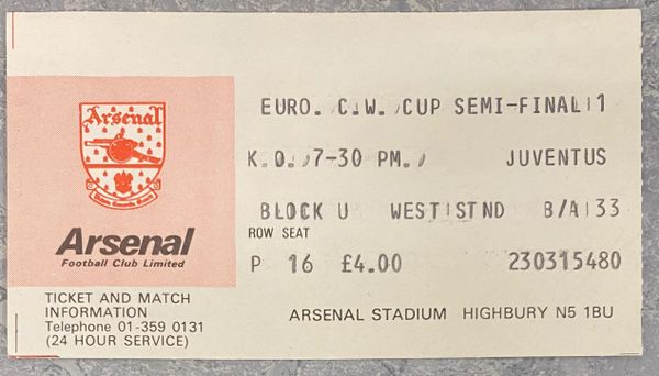 1979/80 ORIGINAL EUROPEAN CUP WINNERS CUP SEMI FINAL 1ST LEG TICKET ARSENAL V JUVENTUS