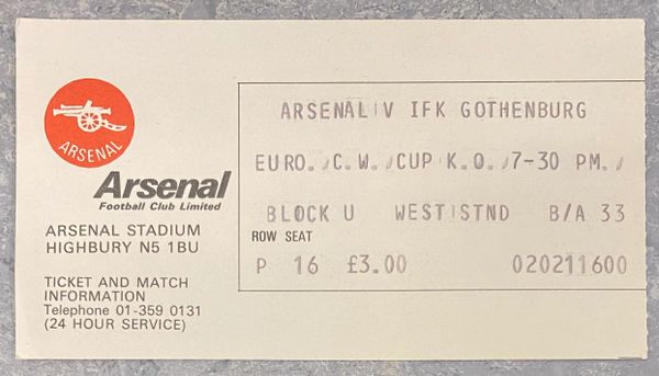 1979/80 ORIGINAL EUROPEAN CUP WINNERS CUP QUARTER FINAL 1ST LEG TICKET ARSENAL V IFK GOTHENBURG