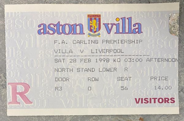 1997/98 ORIGINAL DIVISION ONE TICKET ASTON VILLA V LIVERPOOL (VISITORS END)