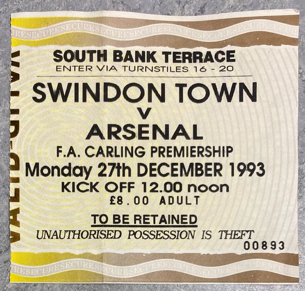 1993/94 ORIGINAL FA PREMIERSHIP LEAGUE TICKET SWINDON V ARSENAL (VISITORS ALLOCATION)