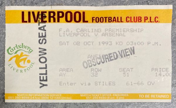 1993/94 ORIGINAL FA PREMIERSHIP LEAGUE TICKET LIVERPOOL V ARSENAL (VISITORS ALLOCATION)