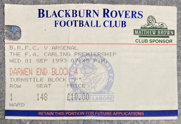 1993/94 ORIGINAL FA PREMIERSHIP LEAGUE TICKET BLACKBURN ROVERS V ARSENAL (VISITORS ALLOCATION)