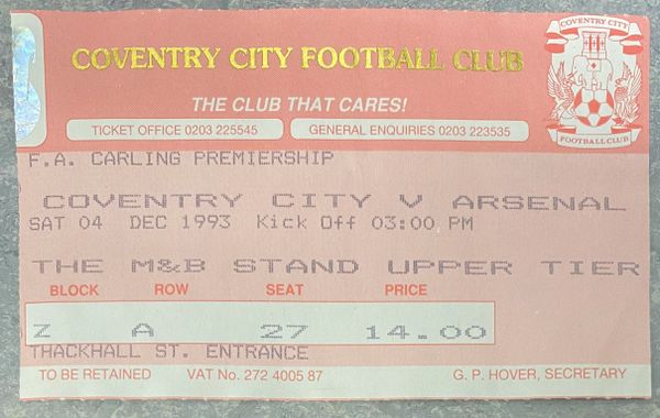 1993/94 ORIGINAL FA PREMIERSHIP LEAGUE TICKET COVENTRY CITY V ARSENAL (VISITORS ALLOCATION)