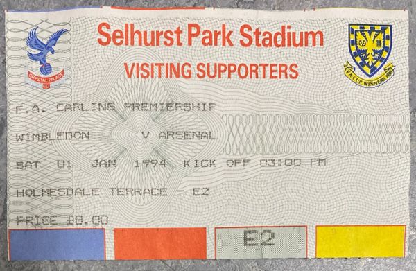 1993/94 ORIGINAL FA PREMIERSHIP LEAGUE TICKET WIMBLEDON V ARSENAL (VISITORS ALLOCATION)