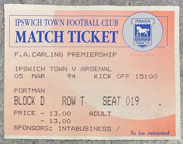 1993/94 ORIGINAL FA PREMIERSHIP LEAGUE TICKET IPSWICH TOWN V ARSENAL (VISITORS ALLOCATION)