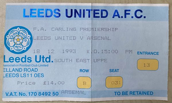 1993/94 ORIGINAL FA PREMIERSHIP LEAGUE TICKET LEEDS UNITED V ARSENAL (VISITORS ALLOCATION)