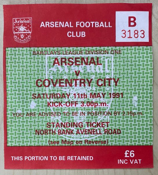 1990/91 ORIGINAL DIVISION ONE LEAGUE TICKET ARSENAL V COVENTRY CITY