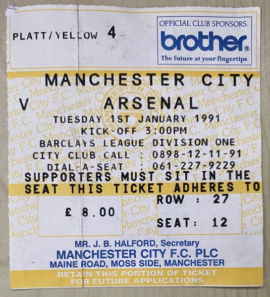 1990/91 ORIGINAL DIVISION ONE LEAGUE TICKET MANCHESTER CITY V ARSENAL (VISITORS ALLOCATION)