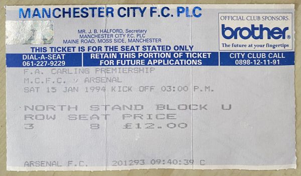 1993/94 ORIGINAL FA PREMIERSHIP LEAGUE TICKET MANCHESTER CITY V ARSENAL (VISITORS ALLOCATION)