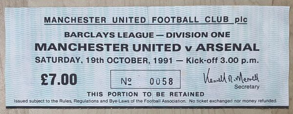 1991/92 ORIGINAL DIVISION ONE TICKET MANCHESTER UNITED V ARSENAL (VISITORS END)