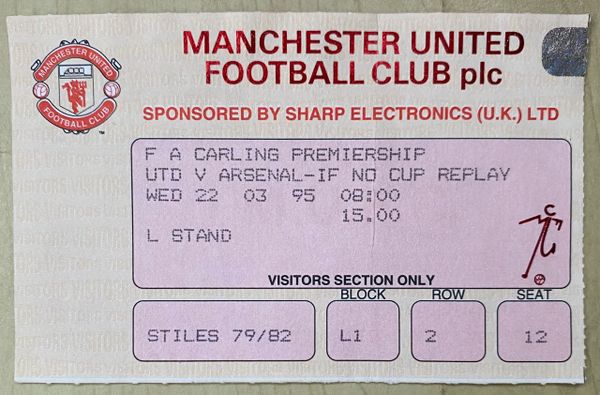 1994/95 ORIGINAL FA PREMIERSHIP TICKET MANCHESTER UNITED V ARSENAL (VISITORS END)