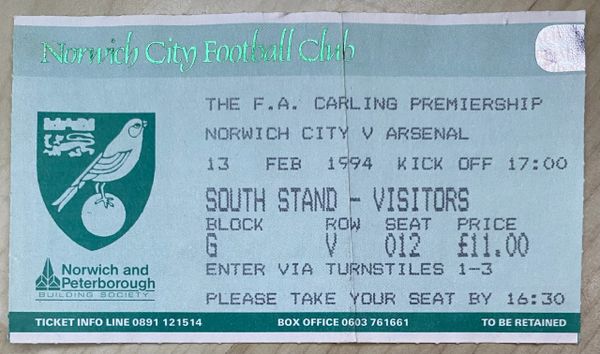 1993/94 ORIGINAL FA PREMIERSHIP TICKET NORWICH CITY V ARSENAL (VISITORS ALLOCATION)