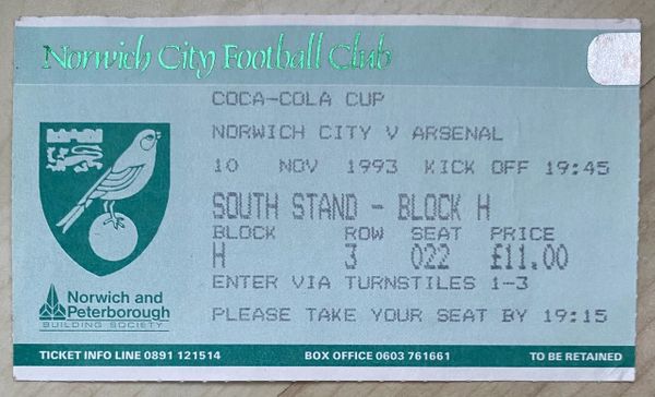 1993/94 ORIGINAL COCA COLA CUP 3RD ROUND REPLAY TICKET NORWICH CITY V ARSENAL (VISITORS ALLOCATION)