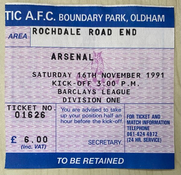 1991/92 ORIGINAL DIVISION ONE TICKET OLDHAM ATHLETIC V ARSENAL (VISITORS ALLOCATION)