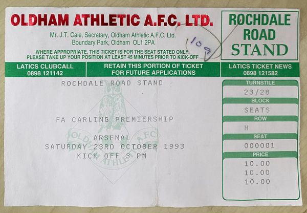 1993/94 ORIGINAL FA PREMIERSHIP TICKET OLDHAM ATHLETIC V ARSENAL (VISITORS ALLOCATION)