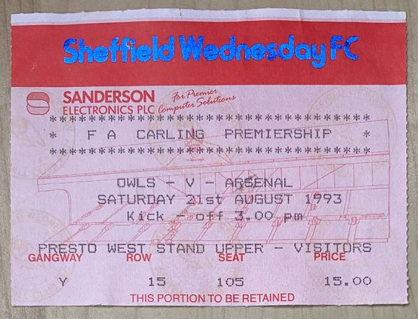 1993/94 ORIGINAL FA PREMIERSHIP TICKET SHEFFIELD WEDNESDAY V ARSENAL (VISITORS ALLOCATION)