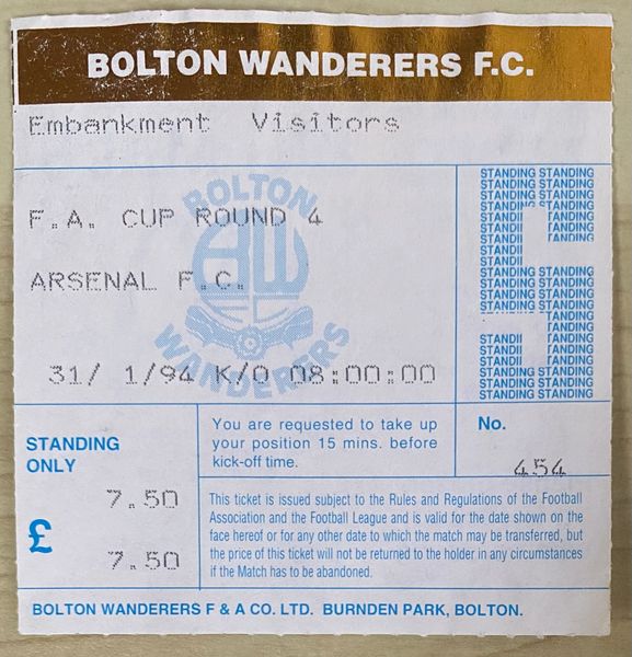 1993/94 ORIGINAL FA CUP 4TH ROUND TICKET BOLTON WANDERERS v ARSENAL (VISITORS ALLOCATION)